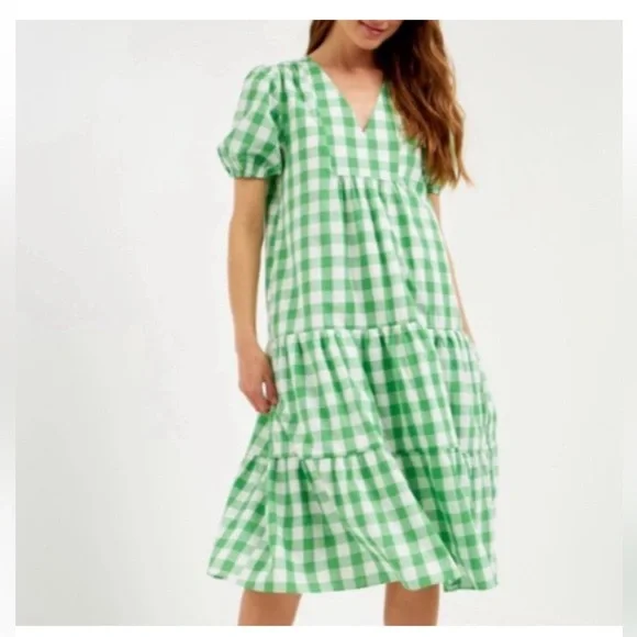 knee length dresses for ladies Plaid Midi Dress With Ruffle Neckline – English Factory main image 1